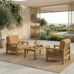 Southbay Teak Wood Deep Seating 3-Piece outdoor patio set with 2 armchairs and table by Anderson Teak in Pomegranate color.