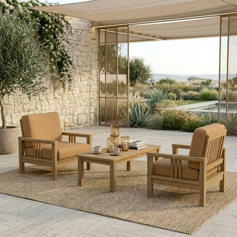 Southbay Teak Wood Deep Seating 3-Piece outdoor patio set with 2 armchairs and table by Anderson Teak in Pomegranate color.
