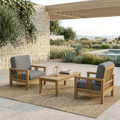Southbay Teak Wood Deep Seating 3-Pc outdoor patio set with 2 armchairs and table by Anderson Teak in vibrant designer colors.