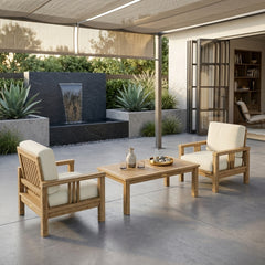 Southbay Teak Wood Deep Seating 3-Piece Outdoor Sofa Set with 2 armchairs and table in Pomegranate color by Anderson Teak.