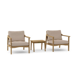 Anderson Teak Amalfi deep seating outdoor sofa set with two armchairs and a table in pomegranate color, perfect for garden lounge.