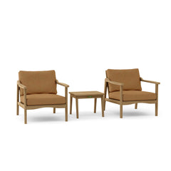 Anderson Teak Amalfi outdoor deep seating set with two armchairs and table in vibrant pomegranate color, designed for garden lounge.