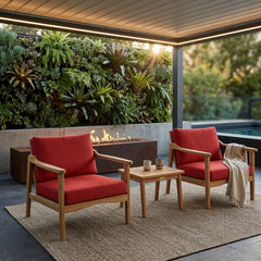 Anderson Teak Amalfi teak wood outdoor sofa set with two armchairs and a table, in pomegranate color for garden lounge.