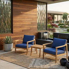 Anderson Teak Amalfi teak wood outdoor sofa set with 2 armchairs and table in vibrant pomegranate color for garden lounge.
