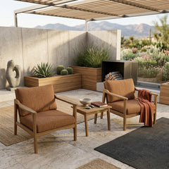 Anderson Teak Amalfi teak wood outdoor sofa set with 2 armchairs and table in vibrant pomegranate color for garden lounge.