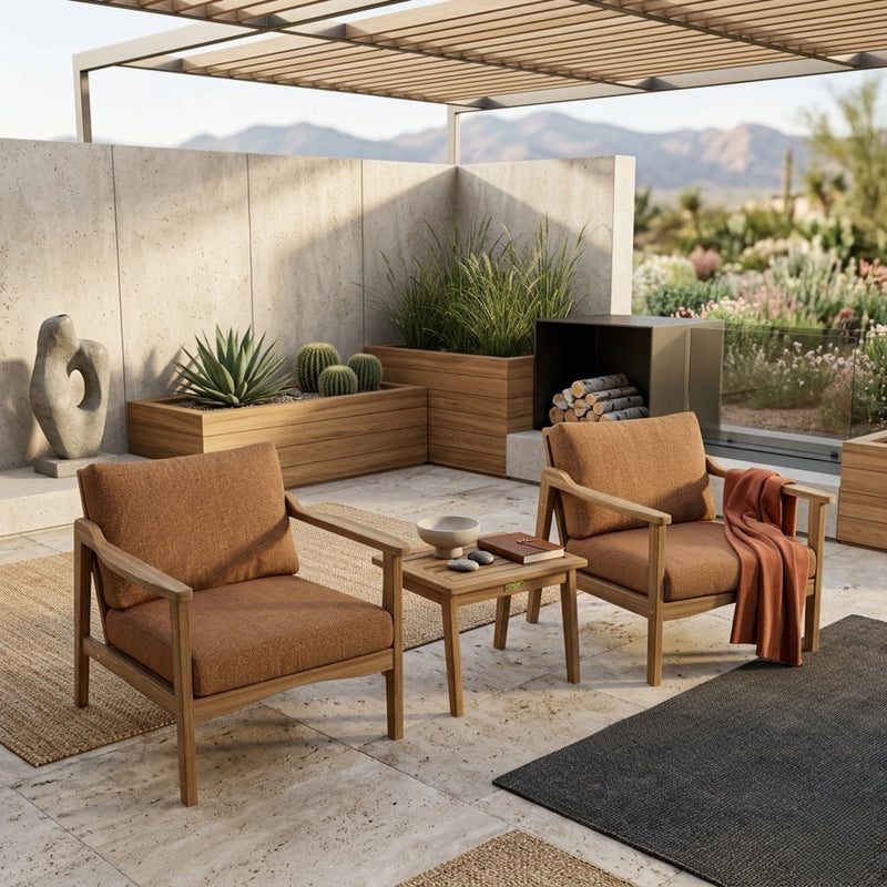 Anderson Teak Amalfi teak wood outdoor sofa set with 2 armchairs and table in vibrant pomegranate color for garden lounge.