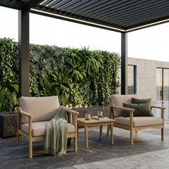 Anderson Teak Amalfi teak wood outdoor deep seating set with two armchairs and a table in vibrant pomegranate color.
