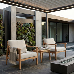 Anderson Teak Amalfi Teak Wood outdoor sofa set with 2 armchairs and table in pomegranate color for garden lounge.