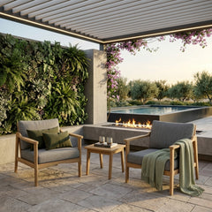 Anderson Teak Amalfi teak wood deep seating outdoor sofa set with 2 armchairs and table in vibrant pomegranate color.