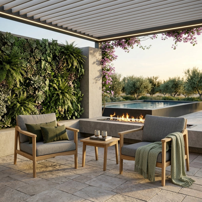 Anderson Teak Amalfi teak wood deep seating outdoor sofa set with 2 armchairs and table in vibrant pomegranate color.