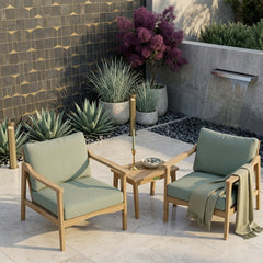 Anderson Teak Amalfi Teak Wood deep seating outdoor sofa set with 2 armchairs and table in vibrant pomegranate color.