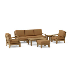 Anderson Teak Riviera modular teak outdoor sofa set in cast pomegranate color, deep seating for garden lounge, 9 designer color options.