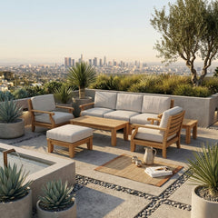 Anderson Teak Riviera SET-65 outdoor modular teak wood sofa with deep seating, in cast pomegranate color, for garden lounge.