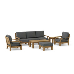 Anderson Teak Riviera modular teak outdoor sofa set with deep seating in Pomegranate color, designed for garden lounge.