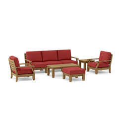 Anderson Teak Riviera modular teak outdoor sofa set in cast pomegranate, featuring deep seating and nine designer colors.
