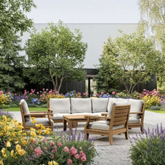 Anderson Teak Riviera teak wood outdoor sectional sofa set with deep seating, in cast pomegranate color, for garden lounge.