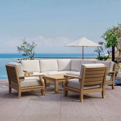 Anderson Teak Riviera Teak Wood Outdoor Sofa set with deep seating, in Pomegranate color, designed for garden lounge relaxation.