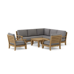 Anderson Teak Riviera Teak Wood Outdoor Sofa set with deep seating, available in nine designer colors for garden lounge relaxation.