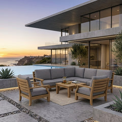 Anderson Teak Riviera Teak Wood outdoor sectional sofa in cast pomegranate, designed for garden lounge with 9 color options.