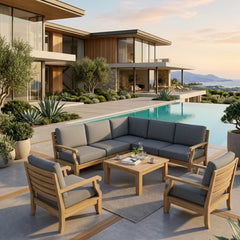 Anderson Teak Riviera Teak Wood outdoor sectional sofa set in cast pomegranate color, designed for garden lounge patios.