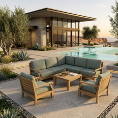 Anderson Teak Riviera teak wood outdoor sofa set in cast pomegranate, 9 designer colors, suitable for garden lounge seating.