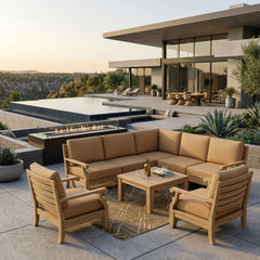 Anderson Teak Riviera Teak Wood Outdoor Sofa Set with deep seating, in vibrant pomegranate color, for garden lounge and patio.