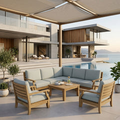Anderson Teak Riviera Teak Wood Outdoor Sofa Set with deep seating in Pomegranate color, designed for garden lounge relaxation.