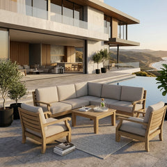 Anderson Teak Riviera Teak Wood Outdoor Sofa Set with deep seating, in Pomegranate color, for garden lounge or patio.