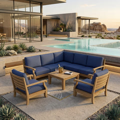 Anderson Teak Riviera teak wood outdoor sofa set with deep seating, in pomegranate color, designed for garden lounge or patio.