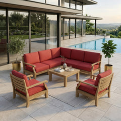 Anderson Teak Riviera teak wood outdoor sectional sofa with deep seating, in vibrant pomegranate color, perfect for garden lounge.