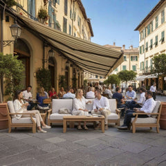 Anderson Teak Riviera outdoor sofa set with deep seating, modular design, in vibrant pomegranate color for garden lounge comfort.