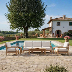 Anderson Teak Riviera outdoor sofa set in pomegranate color with deep seating and modular design for garden lounge comfort.