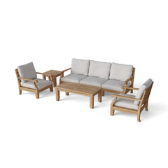 Outdoor Anderson Teak Riviera teak wood deep seating patio sofa set with modular design in vibrant pomegranate color.