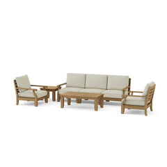 Anderson Teak Riviera outdoor sofa set with deep teak wood seating in cast pomegranate color, part of the 9 designer color options.