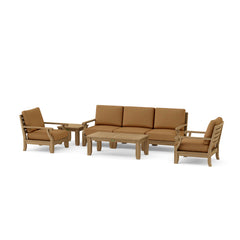 Outdoor Anderson Teak Riviera teak wood sofa set with deep seating, modular design, in Pomegranate color, for garden lounge.