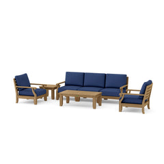 Anderson Teak Riviera outdoor sofa set with deep teak wood seating in pomegranate color, part of the 9-color designer outdoor furniture collection.