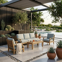 Anderson Teak Riviera Teak Wood outdoor sofa set in pomegranate, deep seating, modular design, 9 designer colors, outdoor patio furniture