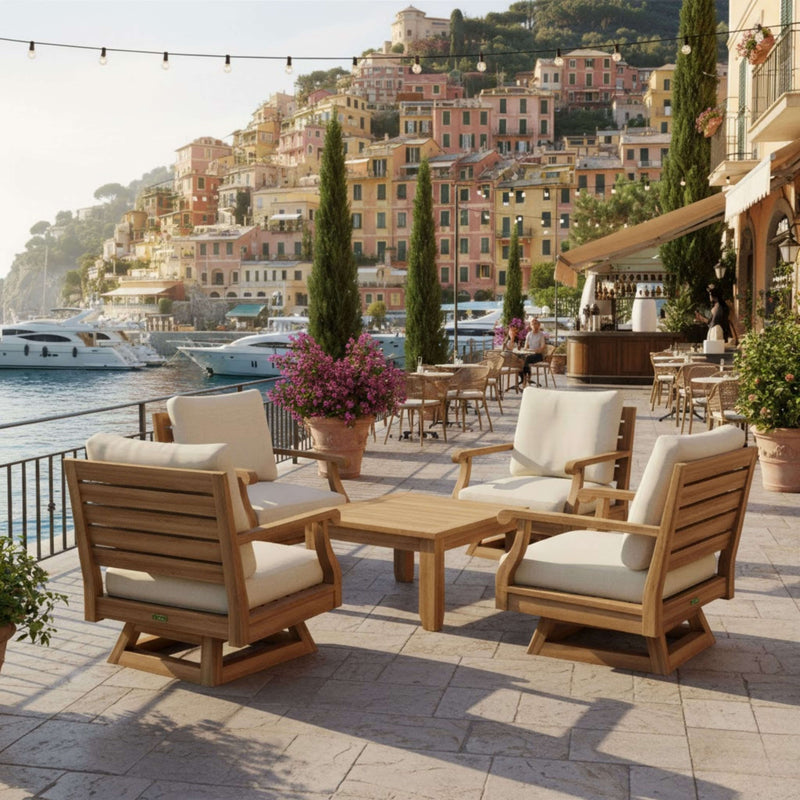 Anderson Teak Riviera teak outdoor sofa set with deep seating, modular design, in cast pomegranate color, for garden lounge.