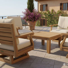 Anderson Teak Riviera teak outdoor sofa set with deep seating in cast Pomegranate, featuring modular design and multiple color options.