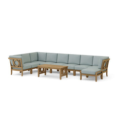 Anderson Teak outdoor modular teak wood sofa set in sage green with cushion seating, perfect for garden lounge and patio relaxation.