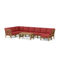 Outdoor Anderson Teak sectional sofa set with modular teak wood seats, in sage green, for garden lounge and patio seating.