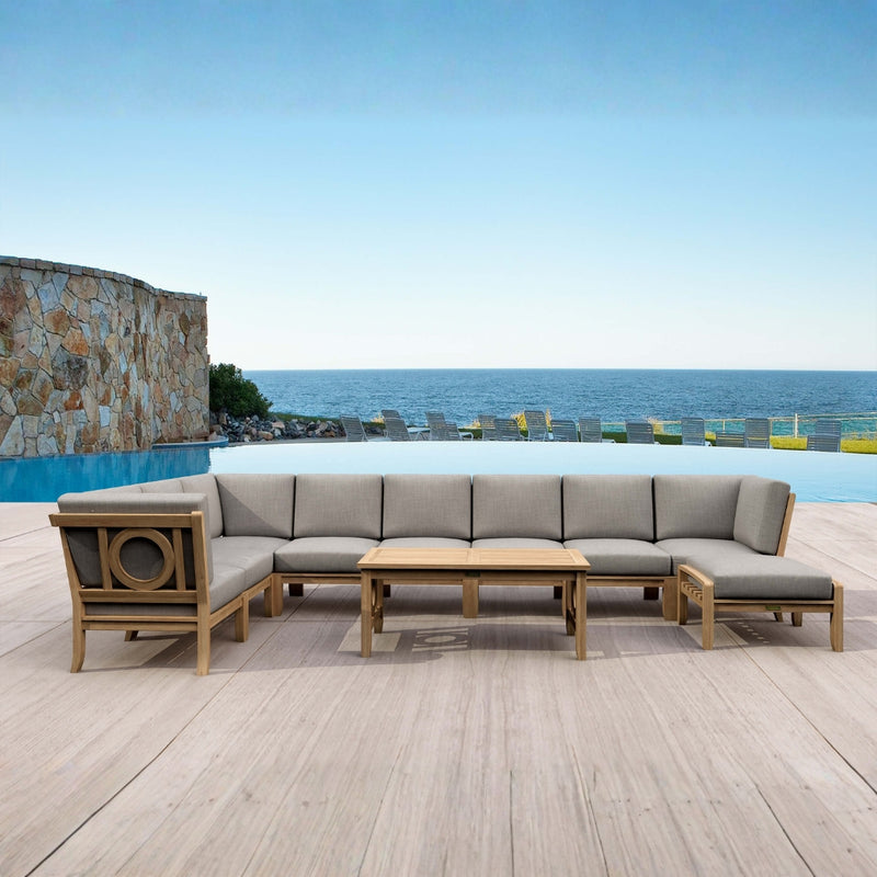 Anderson Teak SET-137 NATSEPA outdoor modular teak wood sofa set with sage cushions, designed for garden lounge and patio use.