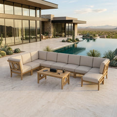 Outdoor Anderson Teak modular teak wood sofa set in sage green, featuring sectional design for garden lounge comfort.