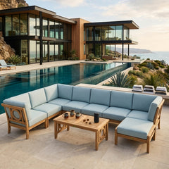 Anderson Teak outdoor sectional sofa set in sage with modular teak wood seating for garden lounge, available in 9 designer colors.
