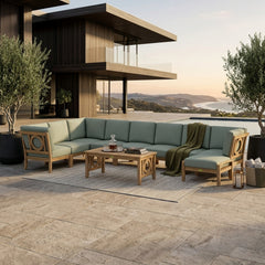 Anderson Teak outdoor sofa set with modular teak wood seating in sage green, designed for garden lounge patios.