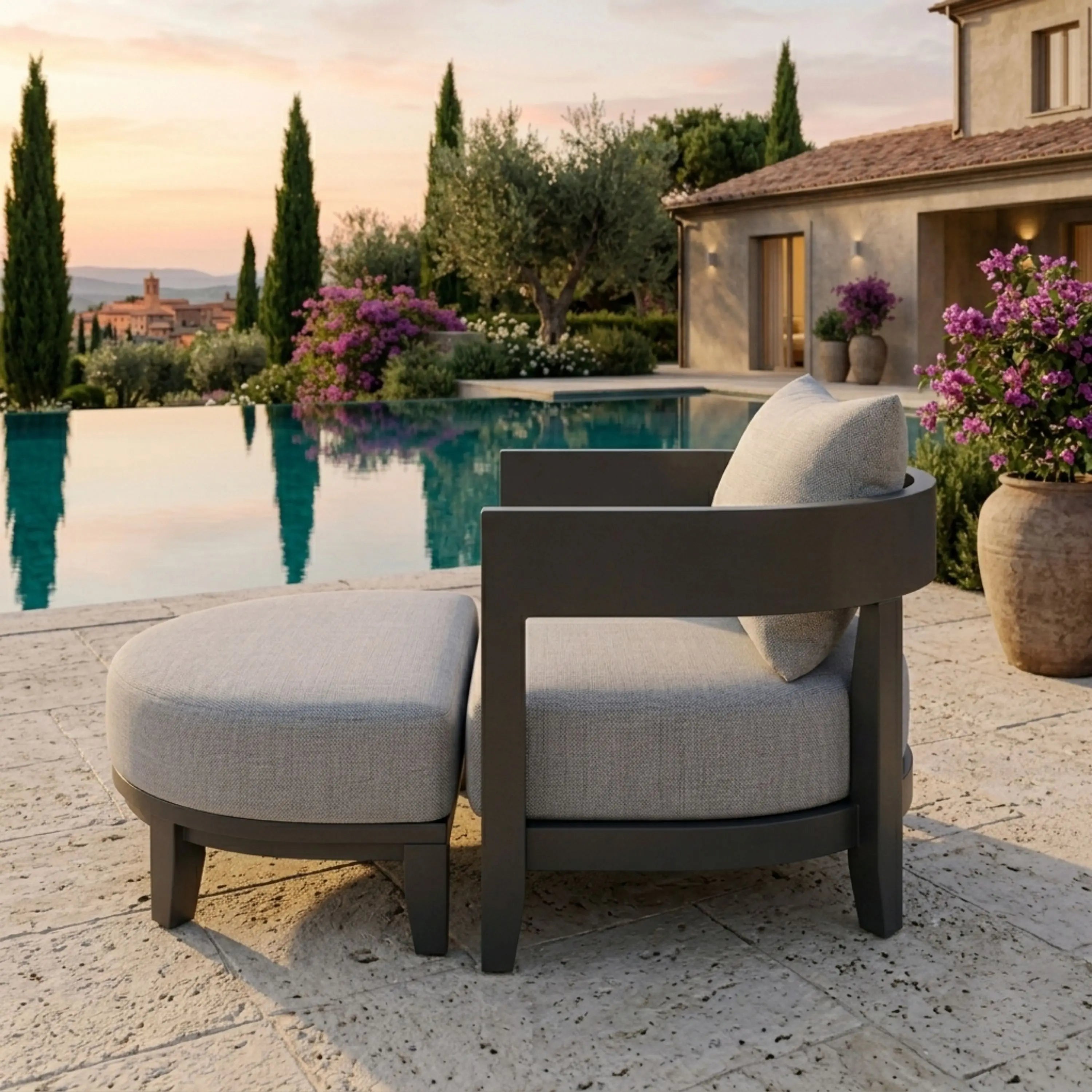 Anderson Teak Coronado 5-piece aluminum outdoor sofa set with 2 armchairs and 2 ottomans in cast sage color.