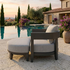 Anderson Teak Coronado 5-piece aluminum outdoor sofa set with 2 armchairs and 2 ottomans in cast sage color.