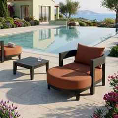 Outdoor patio deep seating set by Anderson Teak with two armchairs and two ottomans in sage aluminum, stylish garden lounge furniture.