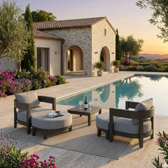 Anderson Teak 5-piece Coronado aluminum outdoor sofa set with two armchairs and two ottomans in sage color, perfect for garden lounge.