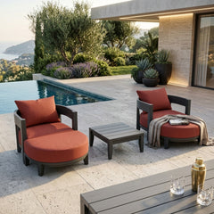 Anderson Teak Coronado 5-piece aluminum outdoor sofa set with 2 armchairs and 2 ottomans in cast sage color.